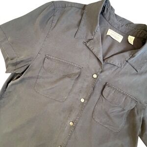 Lord & Taylor‎ 100% Silk Short Sleeved Button Up Collared Black Top Minimalist 8